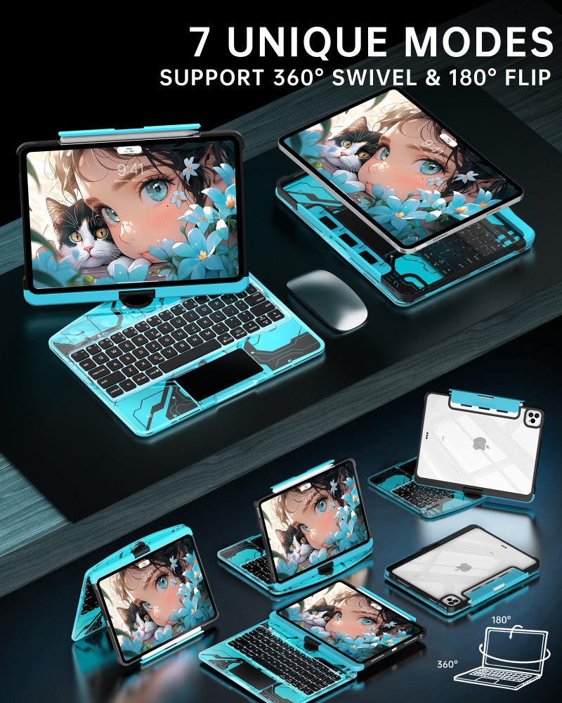 Intermerge Clear Keyboard Case for iPad Air 11" (M3/M2, 2025/2024), Air 5th/4th, Pro 11" 2022-2018, 360Â° Swivel Multi-Touch Trackpad, 7-Color Backlit, Pencil Holder, Type-C, Aqua Pulse - Image 3
