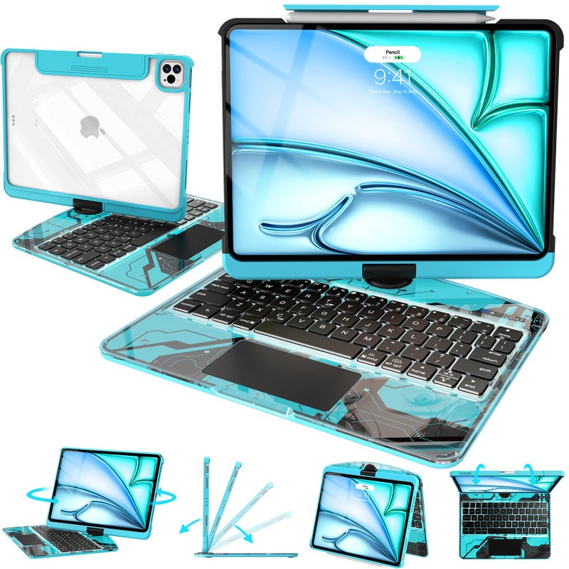 Intermerge Clear Keyboard Case for iPad Air 11" (M3/M2, 2025/2024), Air 5th/4th, Pro 11" 2022-2018, 360Â° Swivel Multi-Touch Trackpad, 7-Color Backlit, Pencil Holder, Type-C, Aqua Pulse - Image 1