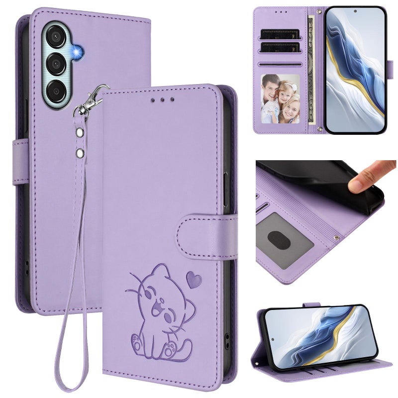 erorex For Samsung Galaxy M15 5G / F15 5G Embossed  Cat Leather Phone Case with Hand Strap(Light Purple) - Image 1