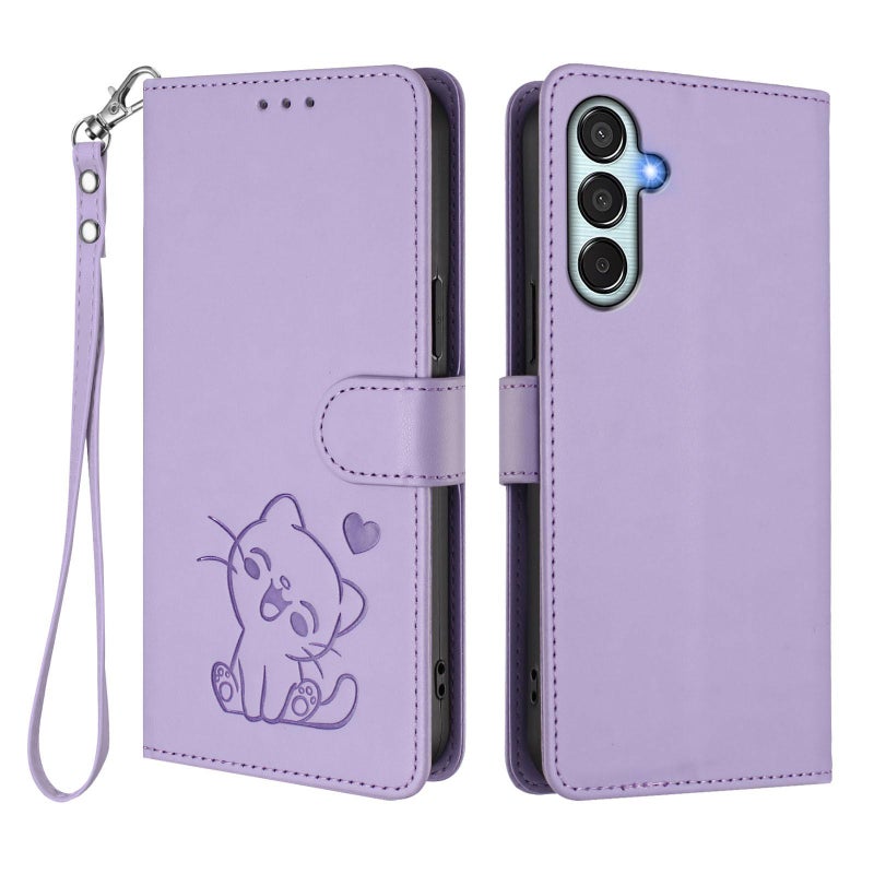 erorex For Samsung Galaxy M15 5G / F15 5G Embossed  Cat Leather Phone Case with Hand Strap(Light Purple) - Image 2