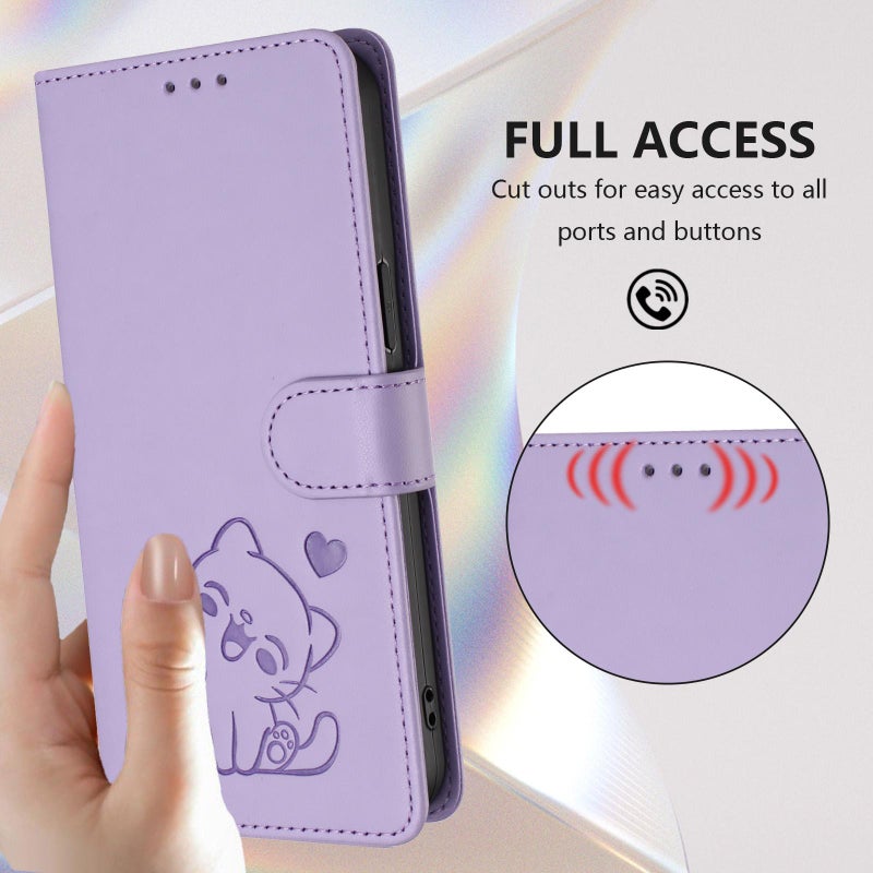 erorex For Samsung Galaxy M15 5G / F15 5G Embossed  Cat Leather Phone Case with Hand Strap(Light Purple) - Image 4