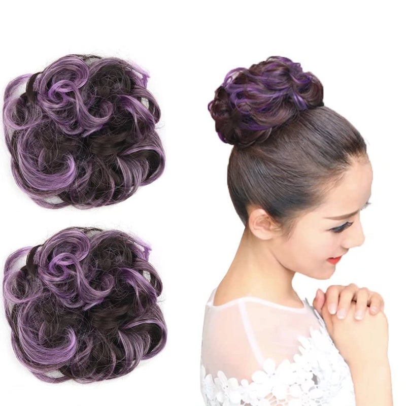 iLUU Dark Brown Highlights with Light Purple Thick 2PCS Curly Wavy Hairpiece Fashion Color Updo Hair Bun Extensions Party Wedding Daily Use Messy Hairpieces for Women Girl Lady Child