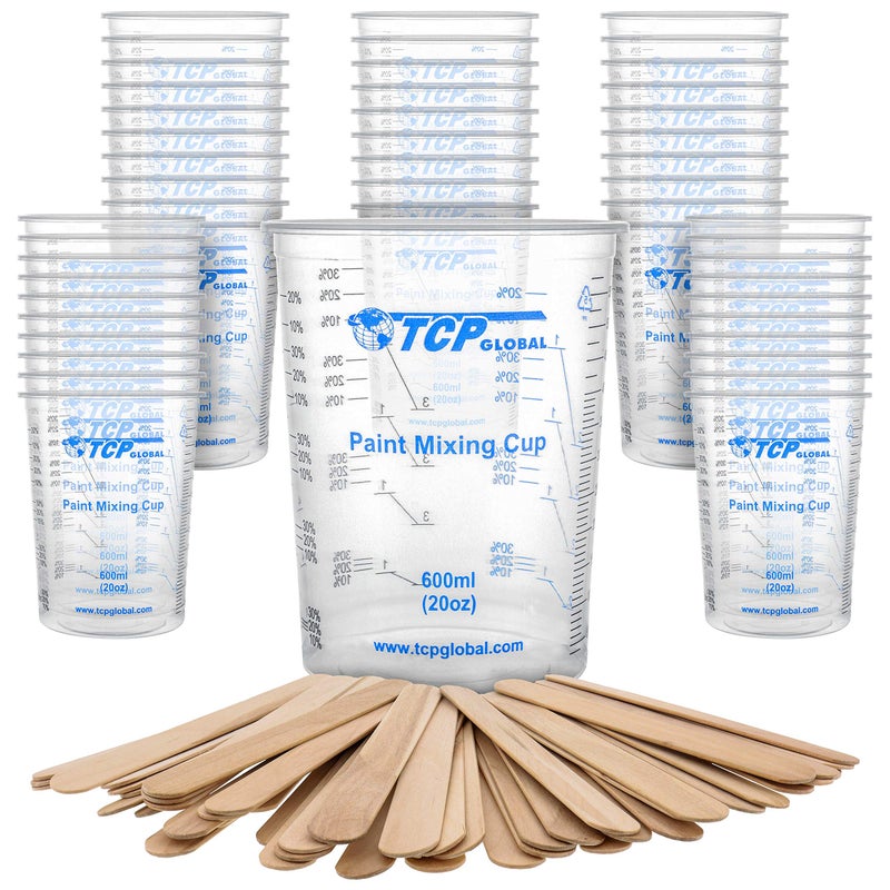 TCP Global TCP Global 20 Ounce 600ml Disposable Flexible Clear Graduated Plastic Mixing Cups  Box of 50 Cups  50 Mixing Sticks  Use for Paint Resin Epoxy Art Kitchen  Measuring Ratios 21 31 41 ML 