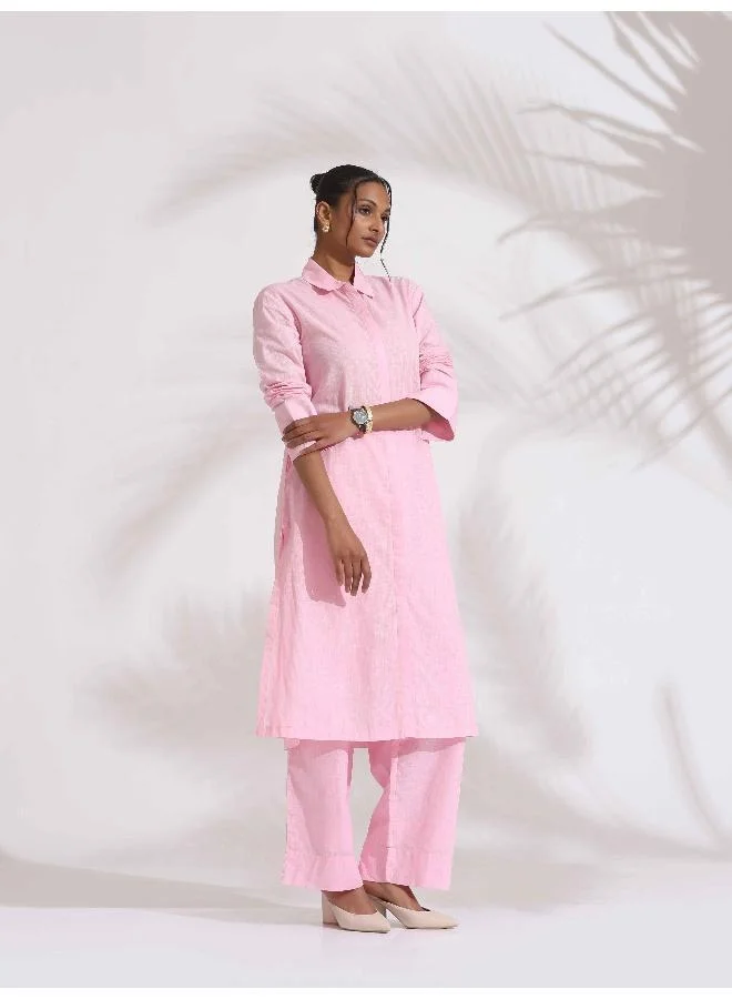ترو برونز trueBrowns Pink Cotton Embroidered Kurta Set