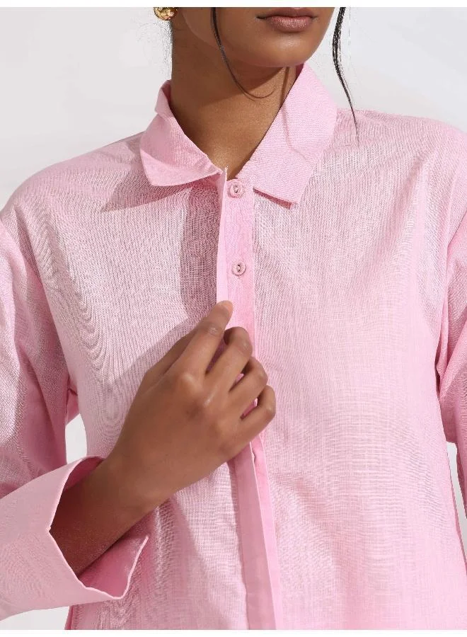ترو برونز trueBrowns Pink Cotton Embroidered Kurta Set
