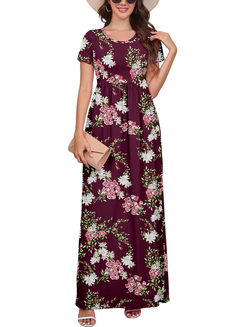 DEARCASE Maxi Dress for Women Flower Wine Red X-Large Crewneck Boho Short Sleeve A-line Casual Hawaiian Flowy Party Spring Summer Beach Long Dresses with Pockets - Image 1