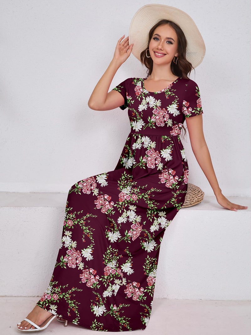DEARCASE Maxi Dress for Women Flower Wine Red X-Large Crewneck Boho Short Sleeve A-line Casual Hawaiian Flowy Party Spring Summer Beach Long Dresses with Pockets - Image 3