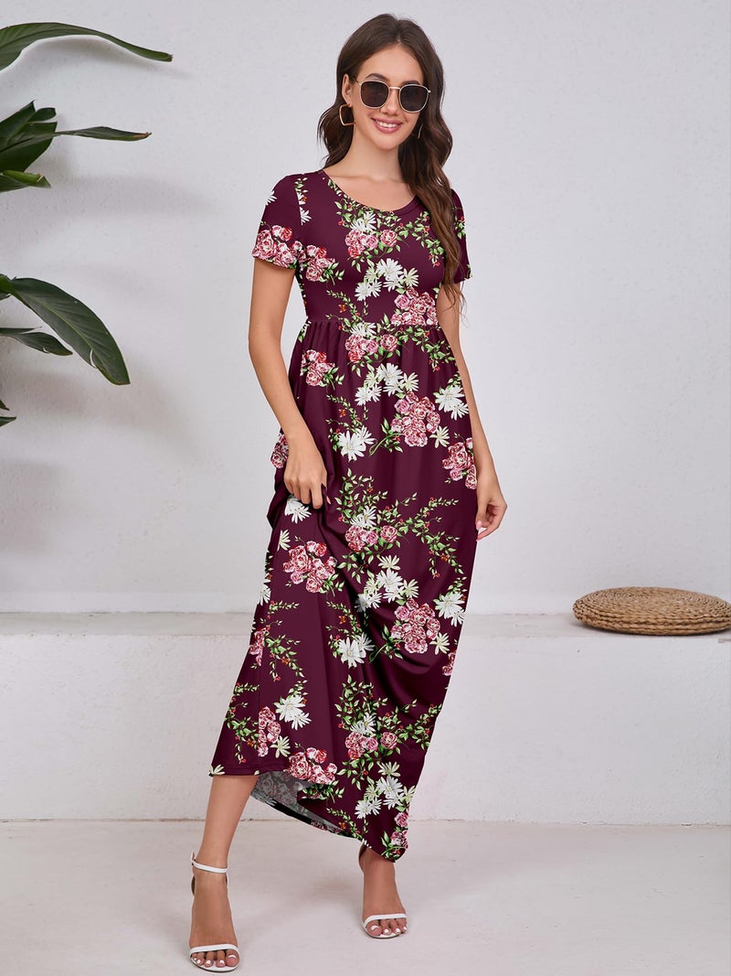 DEARCASE Maxi Dress for Women Flower Wine Red X-Large Crewneck Boho Short Sleeve A-line Casual Hawaiian Flowy Party Spring Summer Beach Long Dresses with Pockets - Image 4