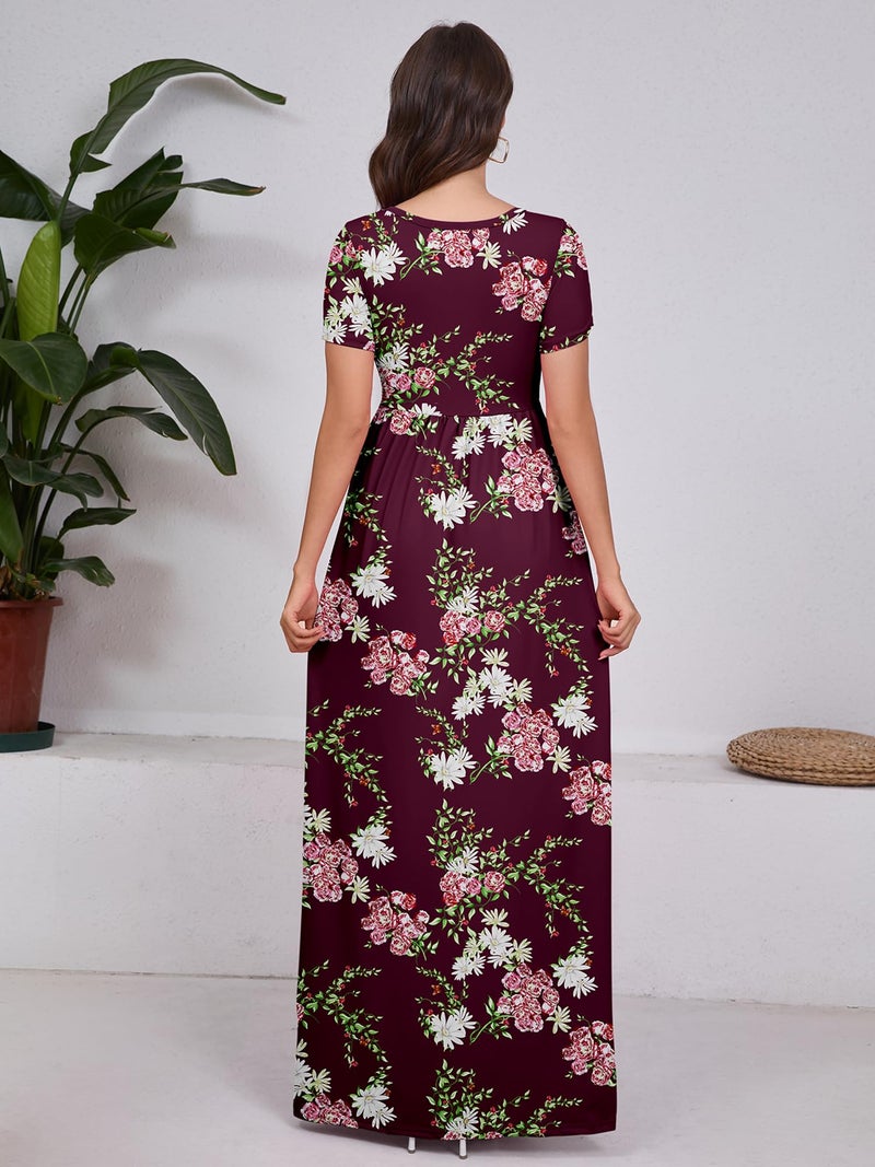 DEARCASE Maxi Dress for Women Flower Wine Red X-Large Crewneck Boho Short Sleeve A-line Casual Hawaiian Flowy Party Spring Summer Beach Long Dresses with Pockets - Image 2
