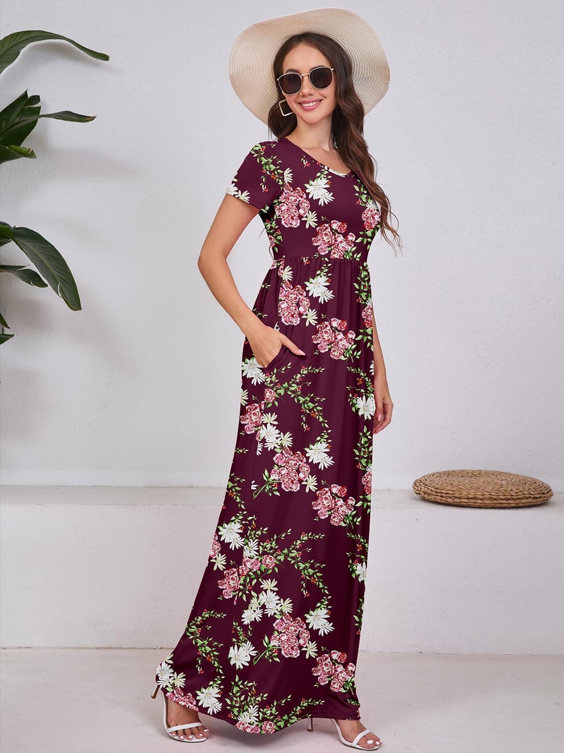 DEARCASE Maxi Dress for Women Flower Wine Red X-Large Crewneck Boho Short Sleeve A-line Casual Hawaiian Flowy Party Spring Summer Beach Long Dresses with Pockets - Image 5