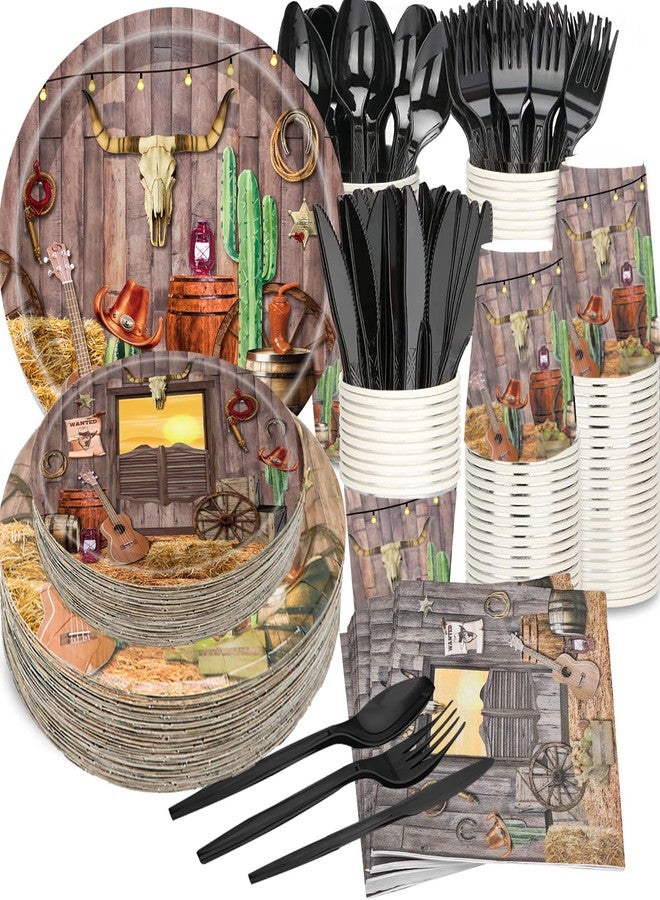 HSPAIDYP 175Pcs Western Cowboy Party Supplies 9"Cowboy Paper Plates 7"Wild West Plates Cowboy Napkins Cup Knive Fork Spoon for Baby Shower Camp Fire Camping Barn Wild West Cowboy Birthday Party Decor Serve25 - Image 1