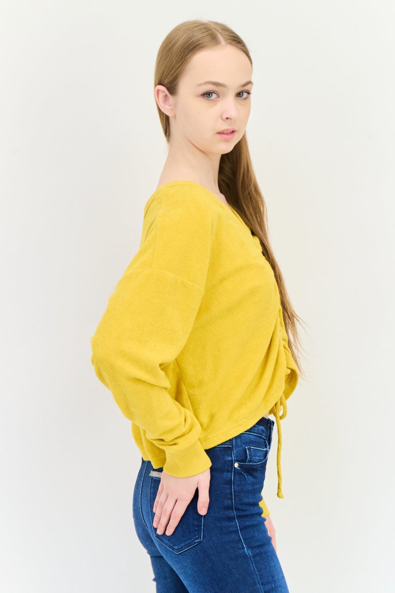Aerie Women V Neck Ruched Tie Long Sleeve Sweater, Dark Yellow - Image 3