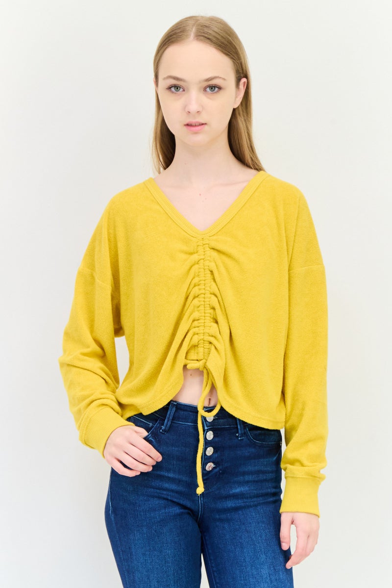 Aerie Women V Neck Ruched Tie Long Sleeve Sweater, Dark Yellow - Image 1