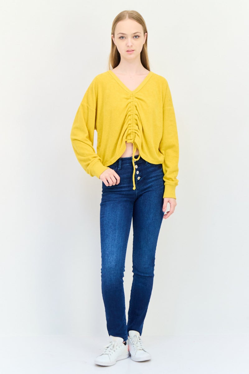 Aerie Women V Neck Ruched Tie Long Sleeve Sweater, Dark Yellow - Image 2