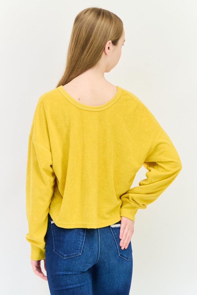 Aerie Women V Neck Ruched Tie Long Sleeve Sweater, Dark Yellow - Image 4
