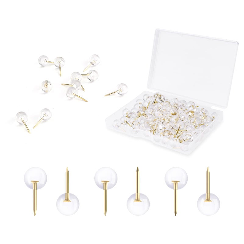 AIEX 100pcs Clear Round Push Pins, Gold Ball Push Pins with Storage Box Round Thumb Tacks Bulk for Daily Study Office Data Storage Organizing Files (Gold) - Image 1