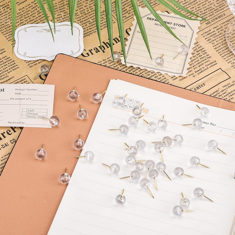 AIEX 100pcs Clear Round Push Pins, Gold Ball Push Pins with Storage Box Round Thumb Tacks Bulk for Daily Study Office Data Storage Organizing Files (Gold) - Image 3