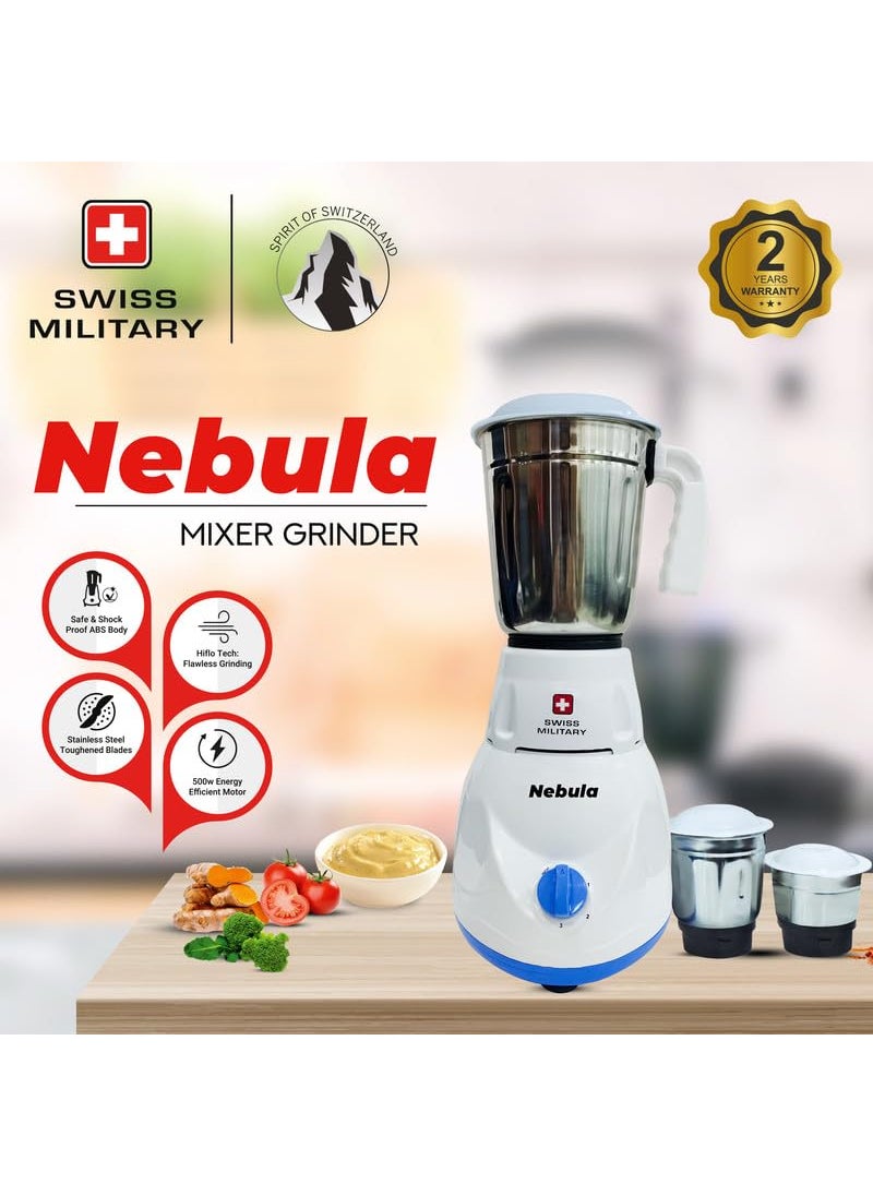 SWISS MILITARY - Swiss Military Nebula Juicer Mixer Grinder, 3 Stainless Steel Jars, ABS body and Premium Stainless Steel Blades, Auto Power Cut, 230 Volts, 500 Watts, 50Hz, 18,500 RPM Speed, 2 Year Warranty, White, 1 - Image 1