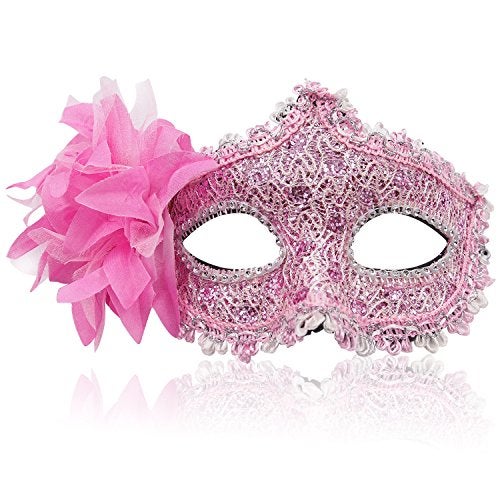 Cosmer Masquerade Mask for Women Venetian Masks Christmas Women Flower Half-face Masks Eye mask Cosplay Lace mask (Pink) - Image 1