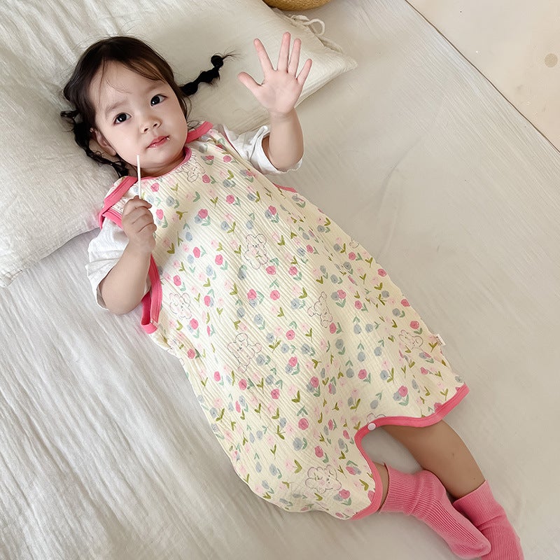 Baby Vest Sleeping Bag Summer Thin Gauze Pure Cotton Baby Kick-proof Sleeveless Childrens Pajamas Air-conditioned Room Anti-cold Tulip rabbit (a seersucker) four in front and two in back
