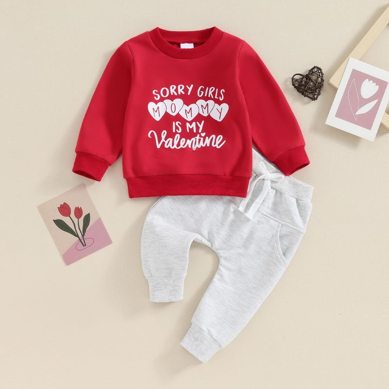 Gureui Baby Boy Valentines Day Outfit Long Sleeve Sweatshirt Pants Toddler Infant Clothes (A Red Mommy is My Valentine, 18-24 Months) - Image 2