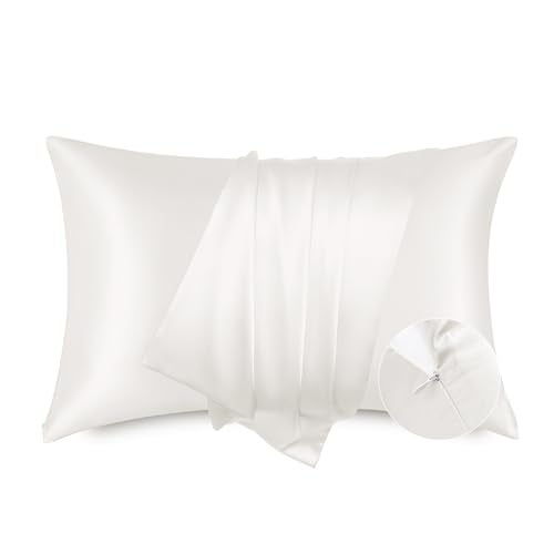 Bedsure Satin Pillowcase for Hair and Skin  Ivory Zipper Pillow Cases Queen Size Set of 2 Similar to Silk Pillow Cases Silky  Super Soft Gifts for Women Men 20x30 Inches
