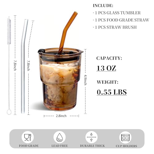Olvini 13oz Glass Tumbler with Straw and Lid, Reusable Iced Coffee Cup, Thick Glass Cups for Water, Matcha, Iced Tea, Amber - Image 4