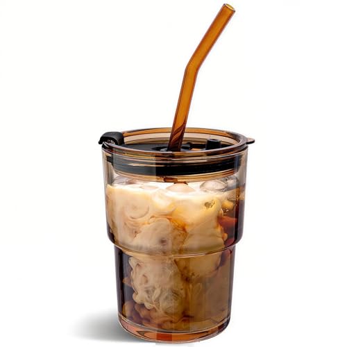 Olvini 13oz Glass Tumbler with Straw and Lid, Reusable Iced Coffee Cup, Thick Glass Cups for Water, Matcha, Iced Tea, Amber - Image 1