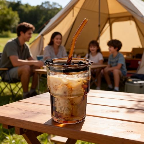 Olvini 13oz Glass Tumbler with Straw and Lid, Reusable Iced Coffee Cup, Thick Glass Cups for Water, Matcha, Iced Tea, Amber - Image 2