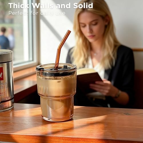 Olvini 13oz Glass Tumbler with Straw and Lid, Reusable Iced Coffee Cup, Thick Glass Cups for Water, Matcha, Iced Tea, Amber - Image 3