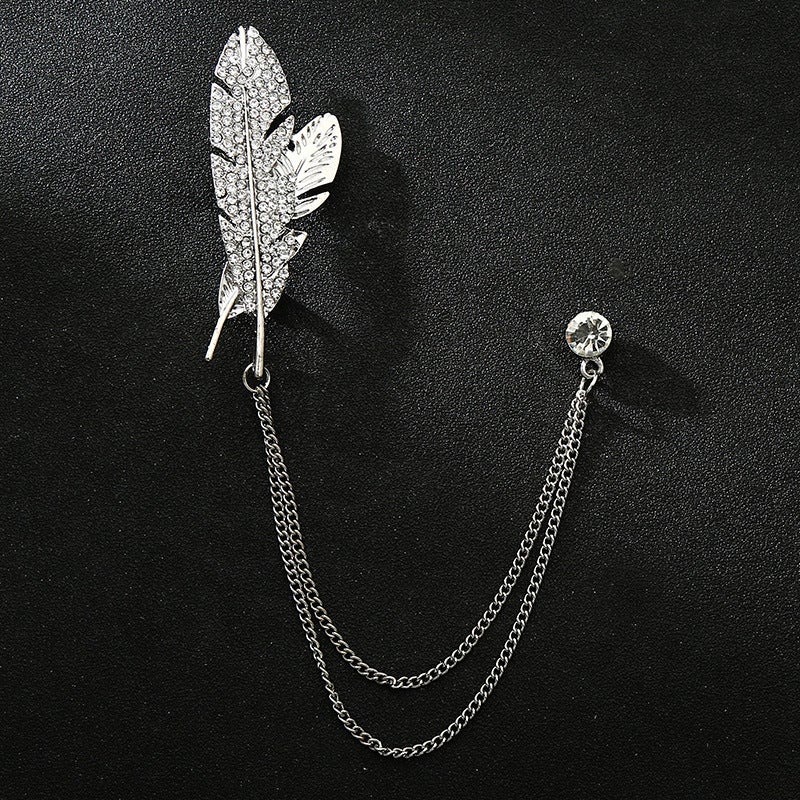 Mens Guitar Brooch Korean Suit Accessory Eagle Pin Diamond leaves silver 
