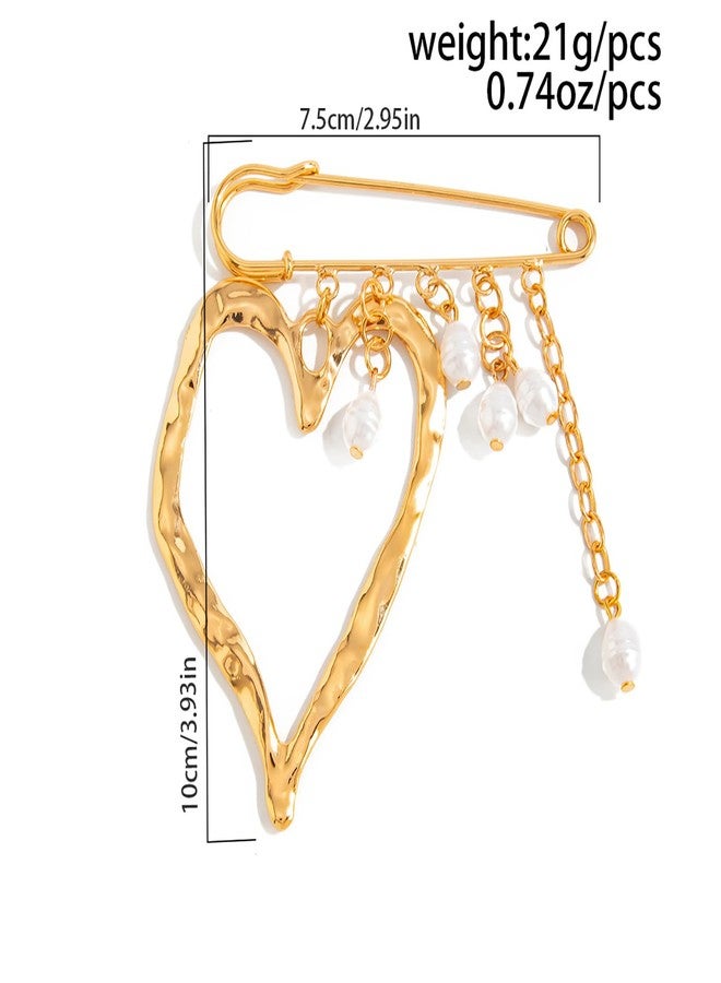 TACBSP Big Heart Safety Pin Brooch for Women Gold Pearl Tassel Chains Brooch Large Heart Safety Pin Brooches Costume Jewelry Accessories Gifts (Gold) - Image 4