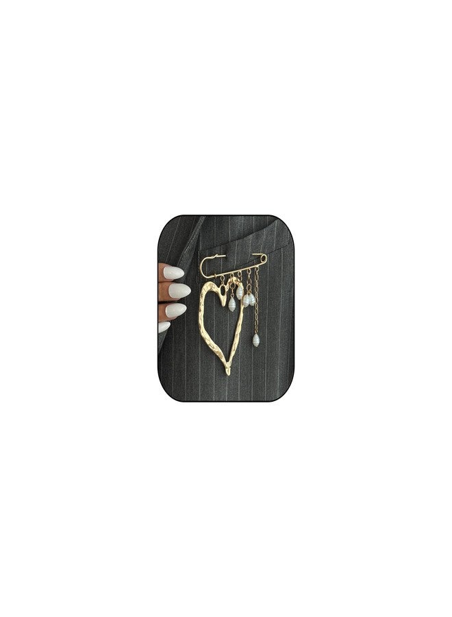 TACBSP Big Heart Safety Pin Brooch for Women Gold Pearl Tassel Chains Brooch Large Heart Safety Pin Brooches Costume Jewelry Accessories Gifts (Gold) - Image 1