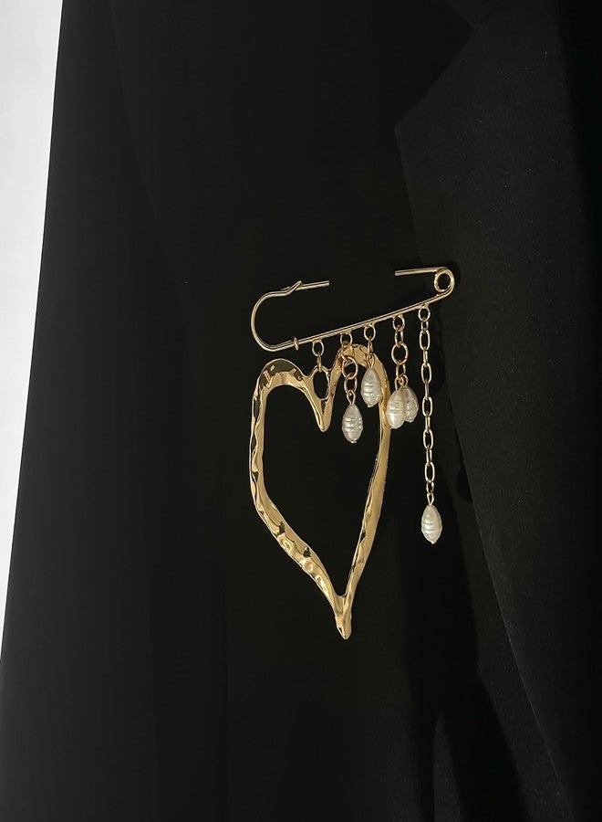 TACBSP Big Heart Safety Pin Brooch for Women Gold Pearl Tassel Chains Brooch Large Heart Safety Pin Brooches Costume Jewelry Accessories Gifts (Gold) - Image 5
