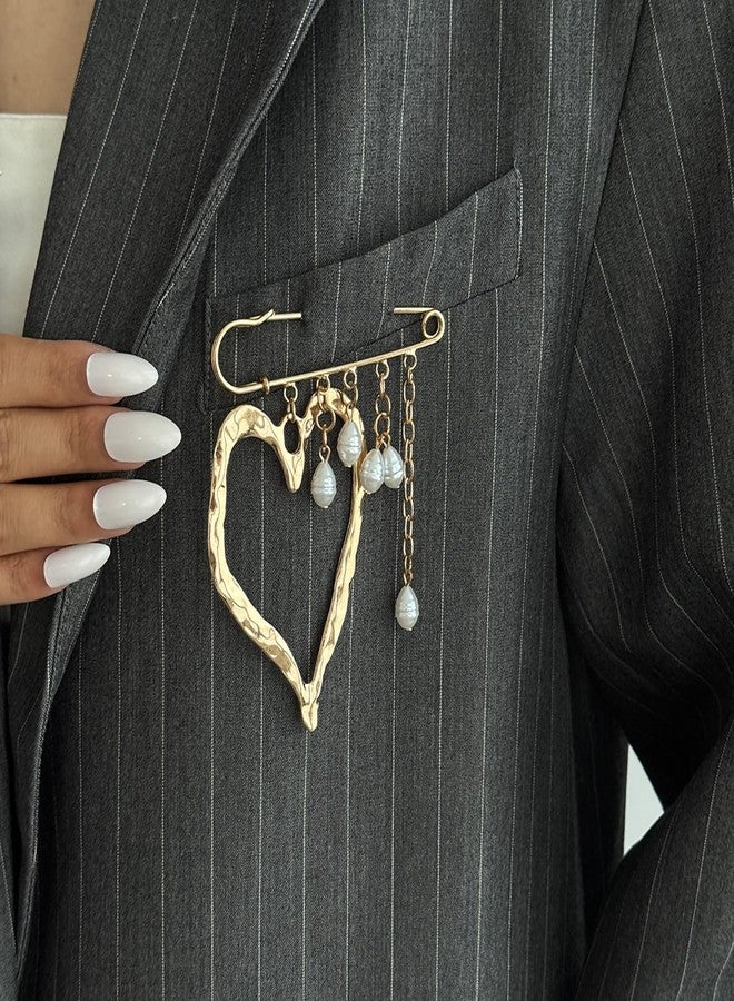 TACBSP Big Heart Safety Pin Brooch for Women Gold Pearl Tassel Chains Brooch Large Heart Safety Pin Brooches Costume Jewelry Accessories Gifts (Gold) - Image 2