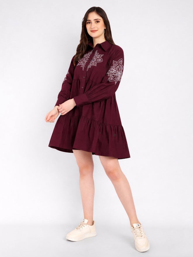 HOUSE OF RAELI Maroon Cotton Poplin Shirt Mini Dress - Image 4