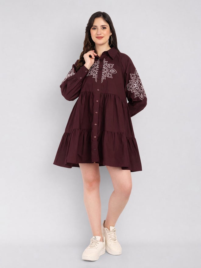 HOUSE OF RAELI Maroon Cotton Poplin Shirt Mini Dress - Image 1