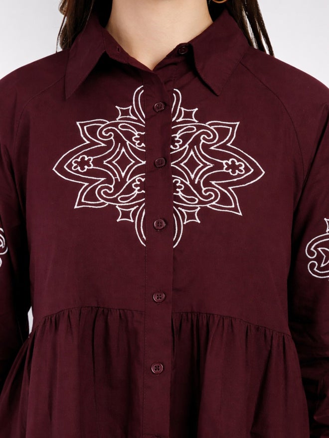 HOUSE OF RAELI Maroon Cotton Poplin Shirt Mini Dress - Image 3