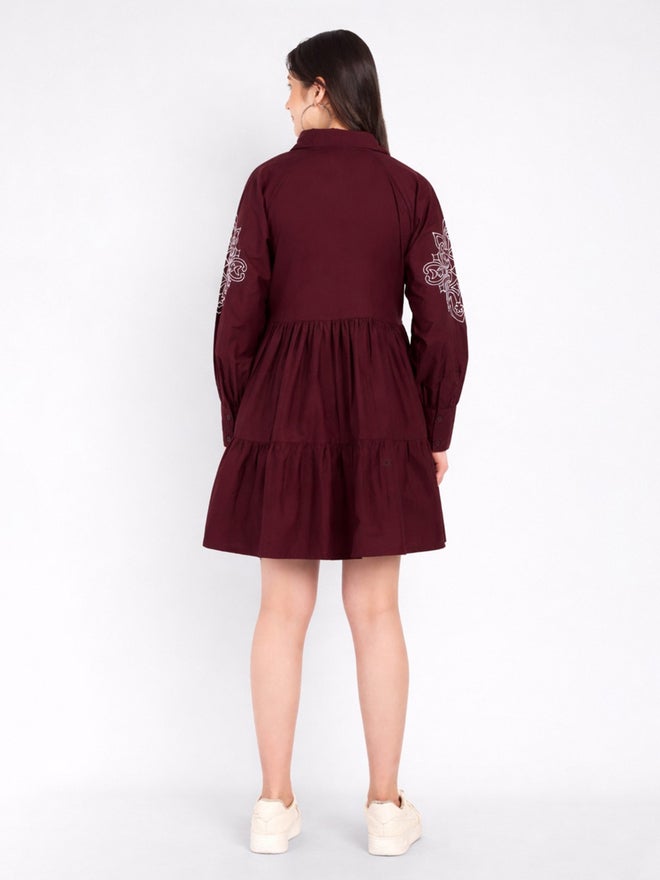 HOUSE OF RAELI Maroon Cotton Poplin Shirt Mini Dress - Image 5
