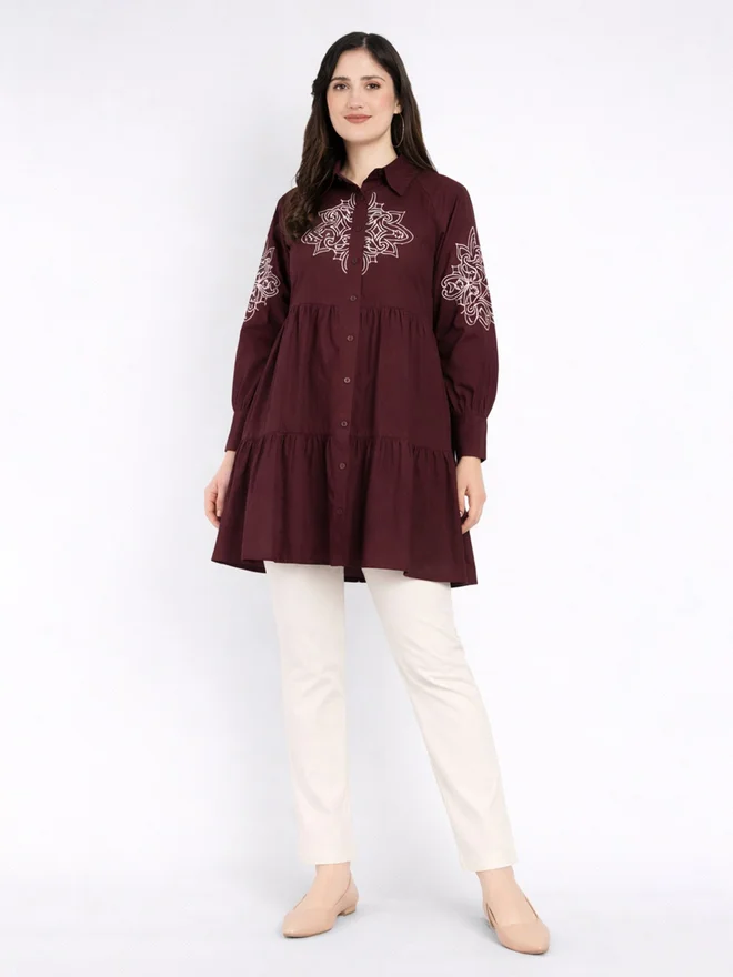 HOUSE OF RAELI Maroon Cotton Poplin Shirt Mini Dress