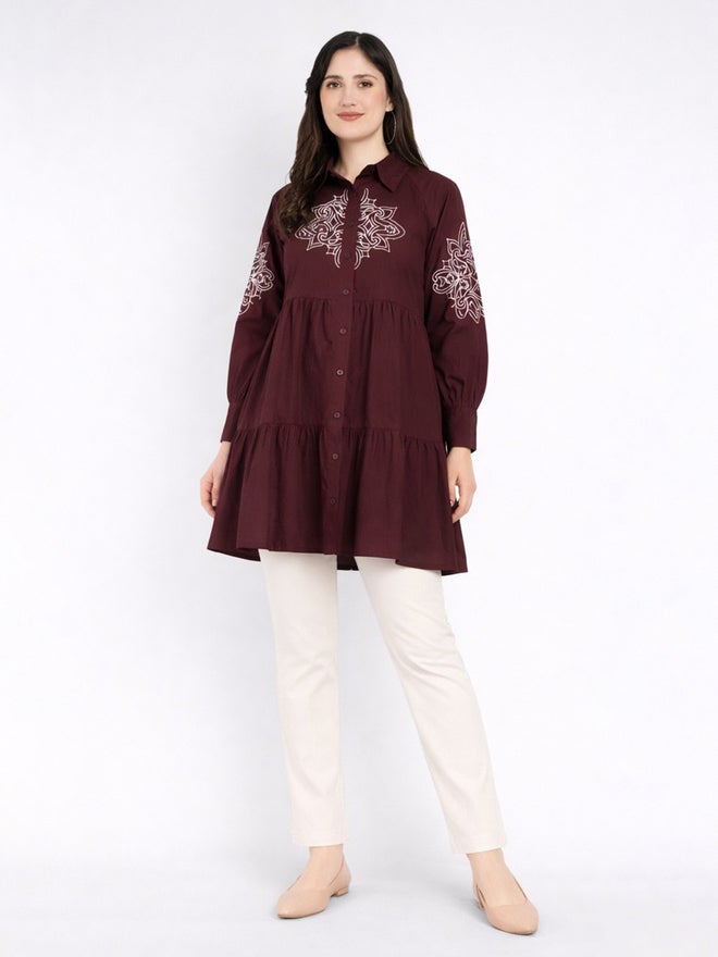 HOUSE OF RAELI Maroon Cotton Poplin Shirt Mini Dress - Image 2