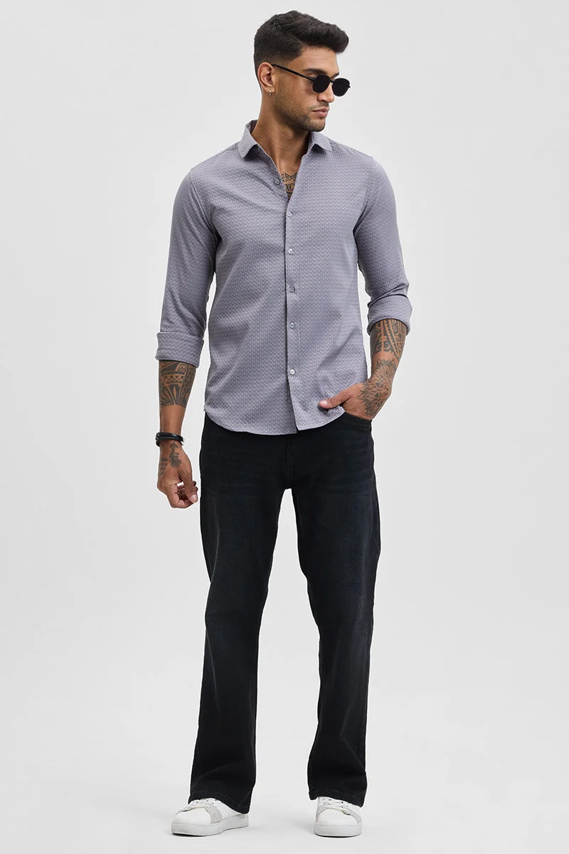 SNITCH Grey Textured Long Sleeve Slim Fit Casual Shirt
