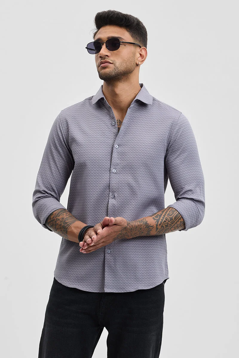 SNITCH Grey Textured Long Sleeve Slim Fit Casual Shirt