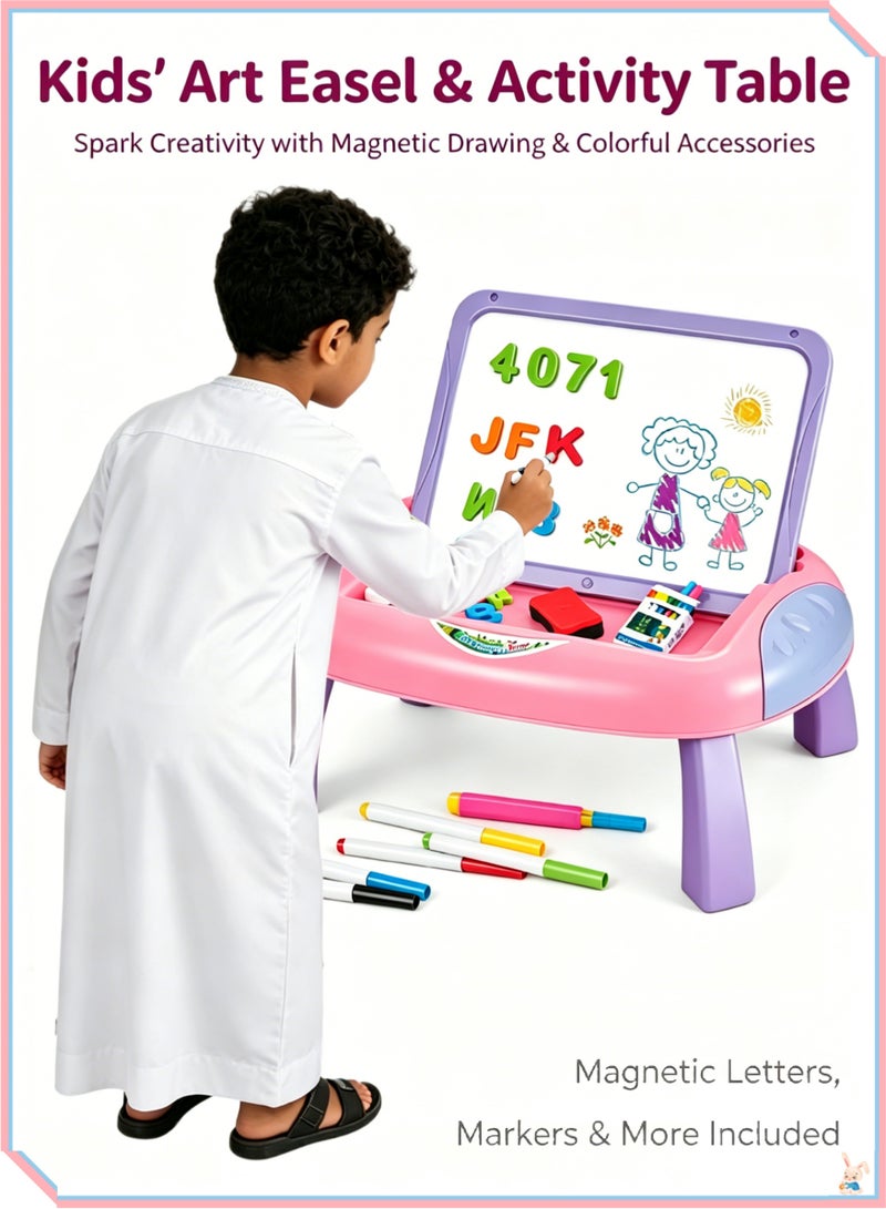 Kids Multifunctional Art Easel Activity Table, Double Sided Magnetic Drawing Board Play Desk with Colorful Magnetic Alphabet Letters, Washable Marker Pens & Eraser Set, Portable Toddler Educational Learning Painting Toy for Early Brain Development, Safe Smooth Round Edge Design, Ideal Indoor Home Preschool Learning Gift - Image 1