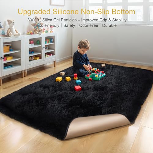 KICHOWUA KCHOWUA Black Fluffy Rug 4x6 - Ultra Soft Washable Shaggy Carpet, Thick Plush Fuzzy Faux Fur Area Rug, Non-Slip Cozy Floor Rug for Bedroom, Living Room, Nursery, Dorm, Playroom, Home, Kids & Baby Room - Image 4
