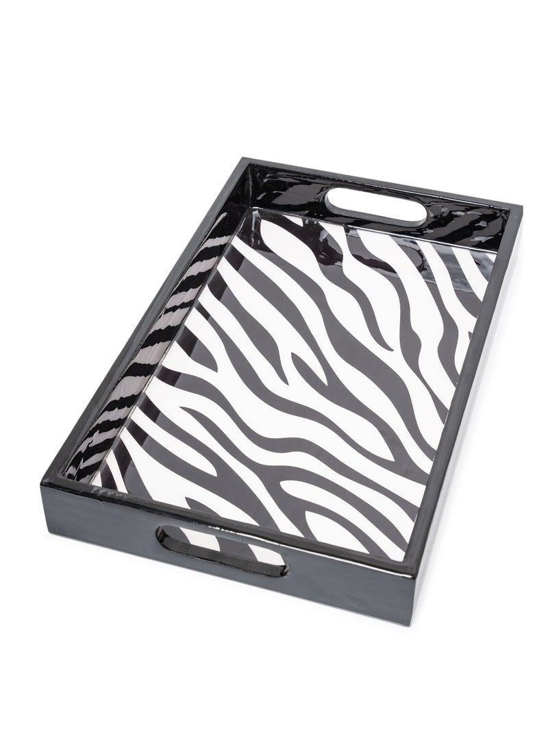 صينية تقديم بطبعة زيبرا – خشبية بمينا لامعة، مستطيلة للديكور/المكياج 16×10×2 بوصة | أمبرا هوم الإمارات - Image 1