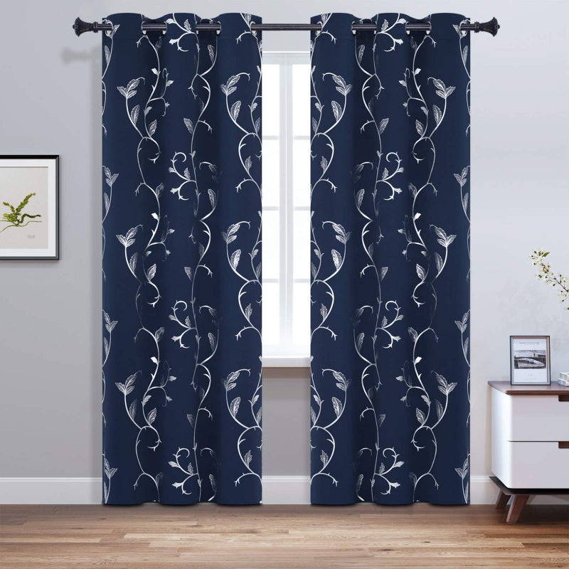 BUHUA Navy Room Darkening Curtains Printed Flower Vine Noise Reducing Window Drapes for Kids Room 38WÃ—96L Inch 1 Pair - Image 2