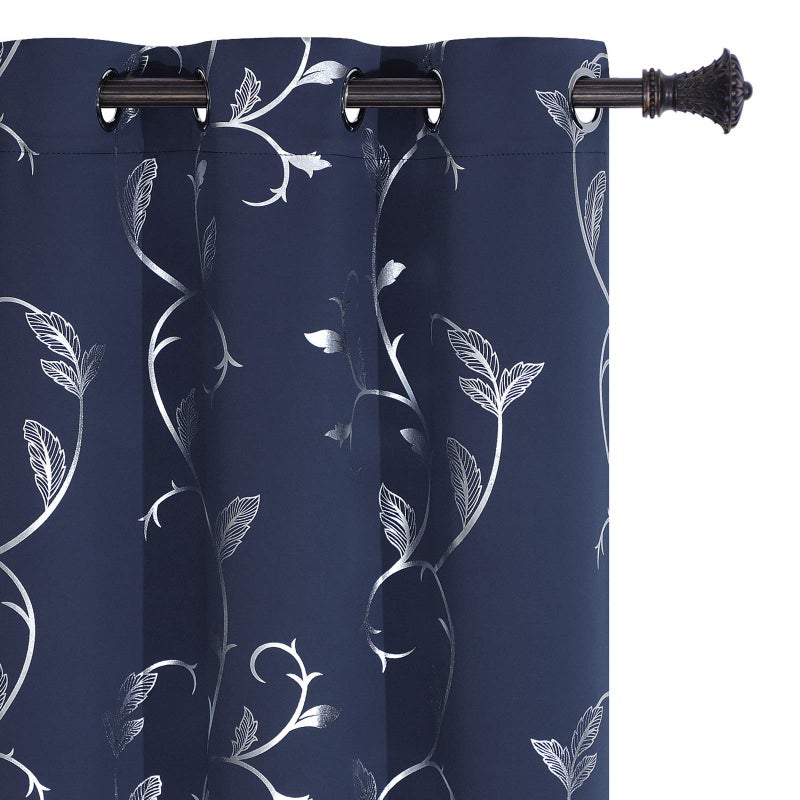 BUHUA Navy Room Darkening Curtains Printed Flower Vine Noise Reducing Window Drapes for Kids Room 38WÃ—96L Inch 1 Pair - Image 1
