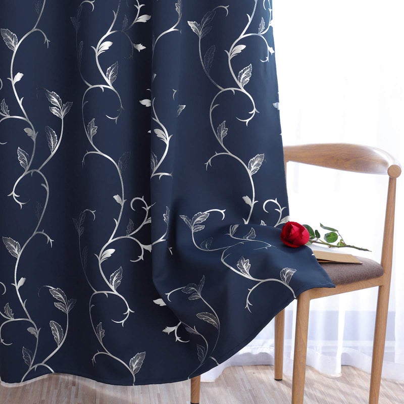 BUHUA Navy Room Darkening Curtains Printed Flower Vine Noise Reducing Window Drapes for Kids Room 38WÃ—96L Inch 1 Pair - Image 4