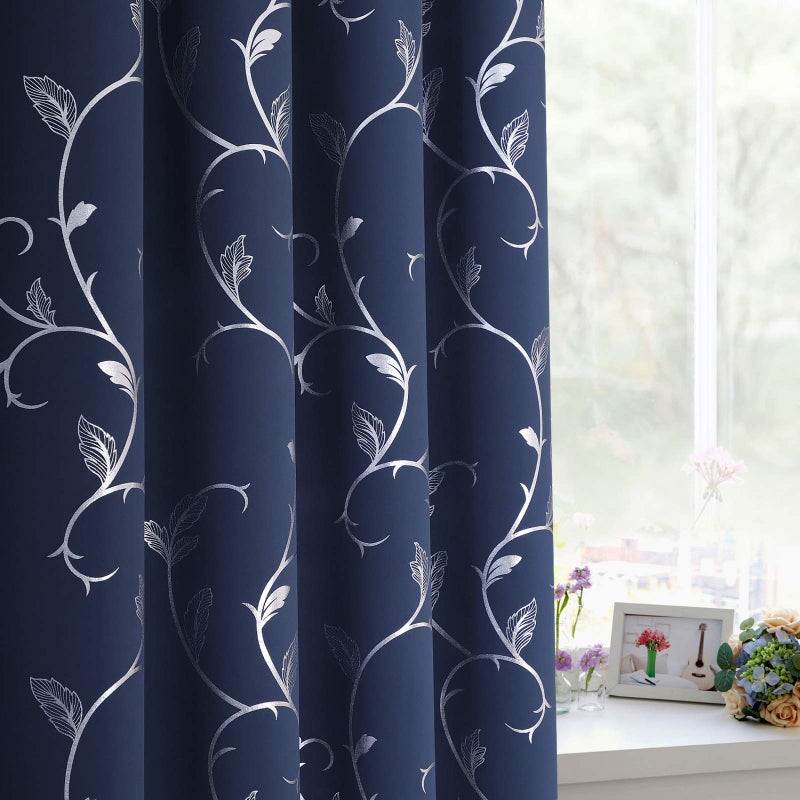 BUHUA Navy Room Darkening Curtains Printed Flower Vine Noise Reducing Window Drapes for Kids Room 38WÃ—96L Inch 1 Pair - Image 3